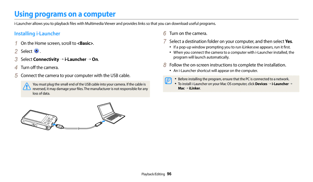 Samsung EC-ST150FBPPIL manual Using programs on a computer, Installing i-Launcher, Select Connectivity → i-Launcher → On 