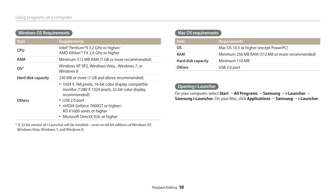 Samsung EC-ST150FBPSIL, EC-ST73ZZBDRFR, EC-ST73ZZBDBFR Windows OS Requirements, Mac OS requirements, Opening i-Launcher 