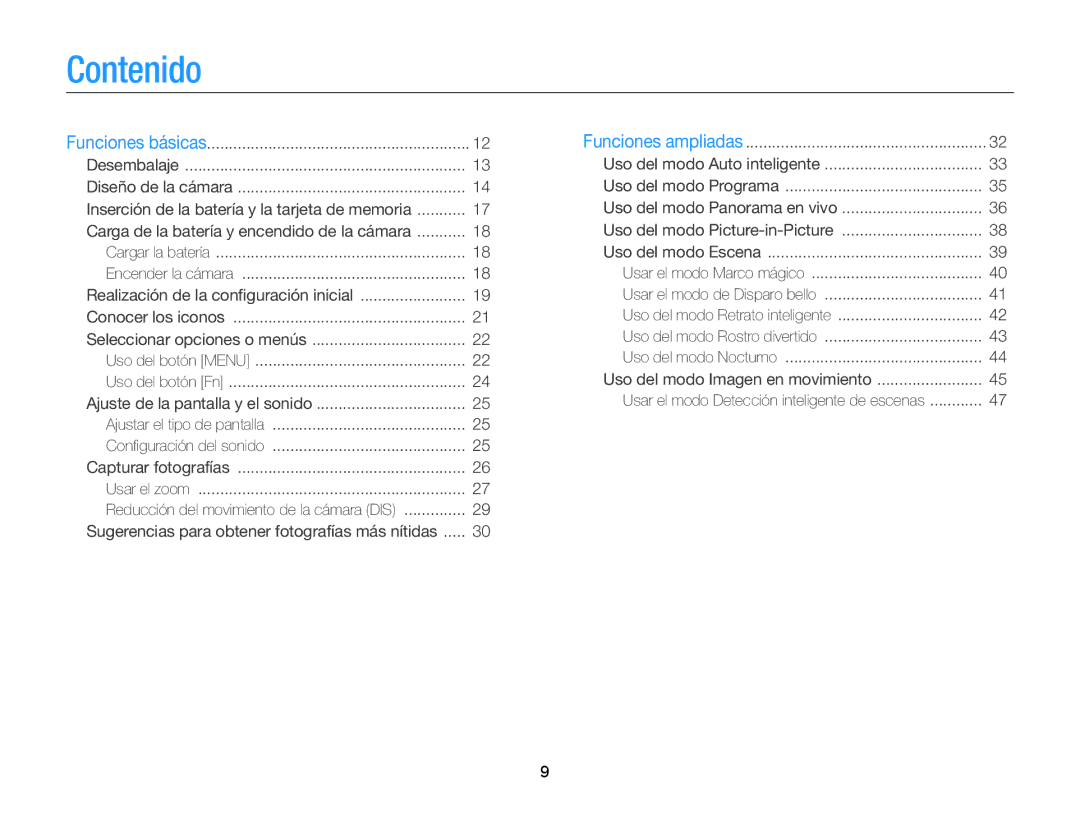 Samsung EC-ST66ZZFPPE1, EC-ST76ZZBPBE1, EC-ST66ZZBPSE1 manual Contenido, Carga de la batería y encendido de la cámara 