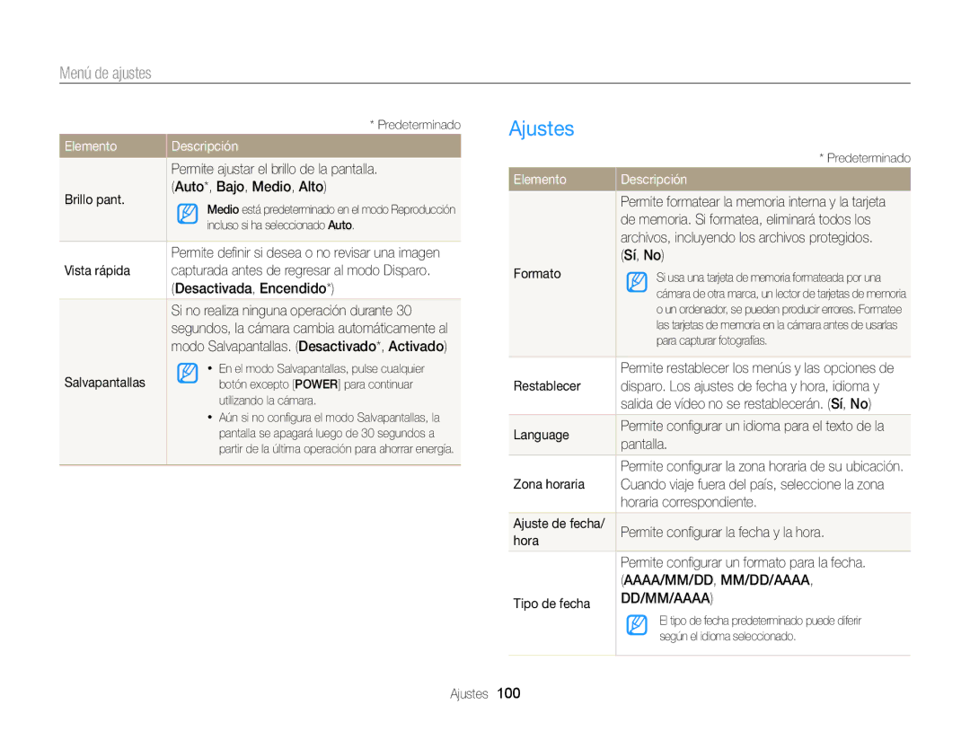 Samsung EC-ST76ZZFPSE1, EC-ST76ZZBPBE1, EC-ST66ZZBPSE1, EC-ST76ZZBPLE1, EC-ST66ZZBPRE1, EC-ST66ZZBPPE1 manual Ajustes, Elemento 