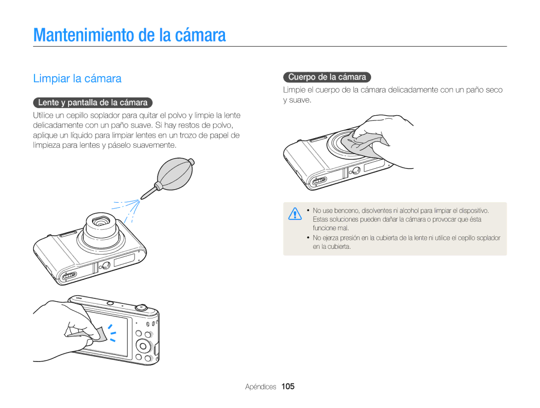 Samsung EC-ST66ZZBPSE1 Mantenimiento de la cámara, Limpiar la cámara, Lente y pantalla de la cámara, Cuerpo de la cámara 