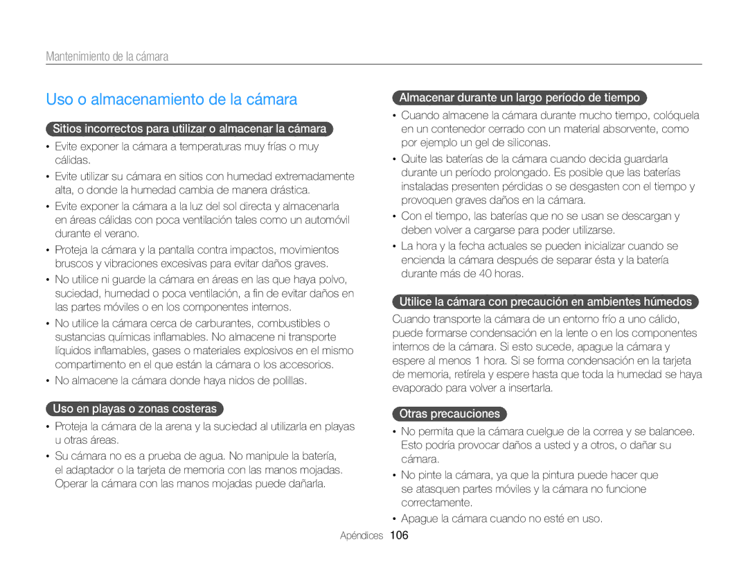 Samsung EC-ST76ZZBPLE1, EC-ST76ZZBPBE1, EC-ST66ZZBPSE1 manual Uso o almacenamiento de la cámara, Mantenimiento de la cámara 