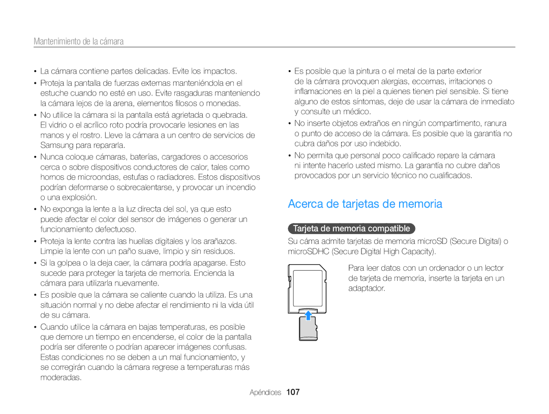 Samsung EC-ST66ZZBPRE1, EC-ST76ZZBPBE1, EC-ST66ZZBPSE1 manual Acerca de tarjetas de memoria, Tarjeta de memoria compatible 