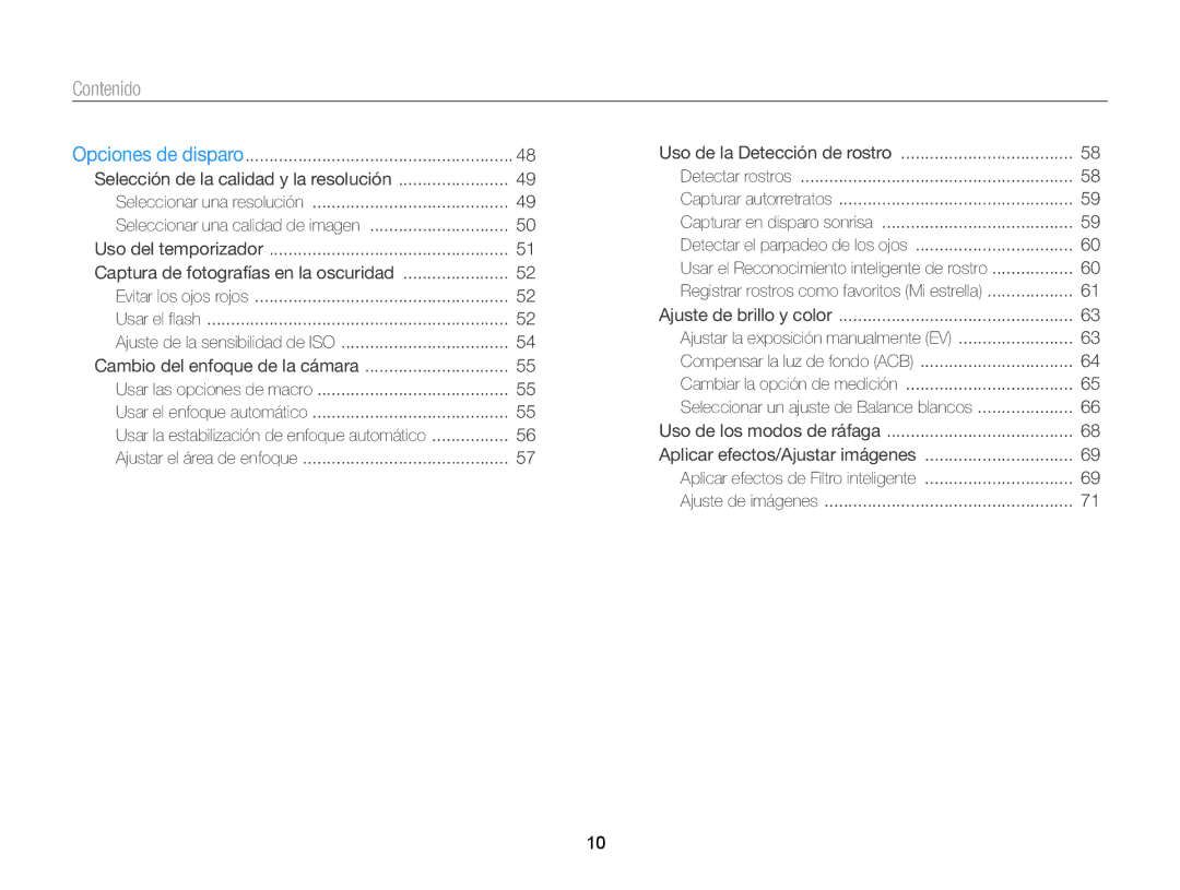 Samsung EC-ST66ZZFPSIL, EC-ST76ZZBPBE1, EC-ST66ZZBPSE1, EC-ST76ZZBPLE1, EC-ST66ZZBPRE1, EC-ST66ZZBPPE1 manual Contenido 