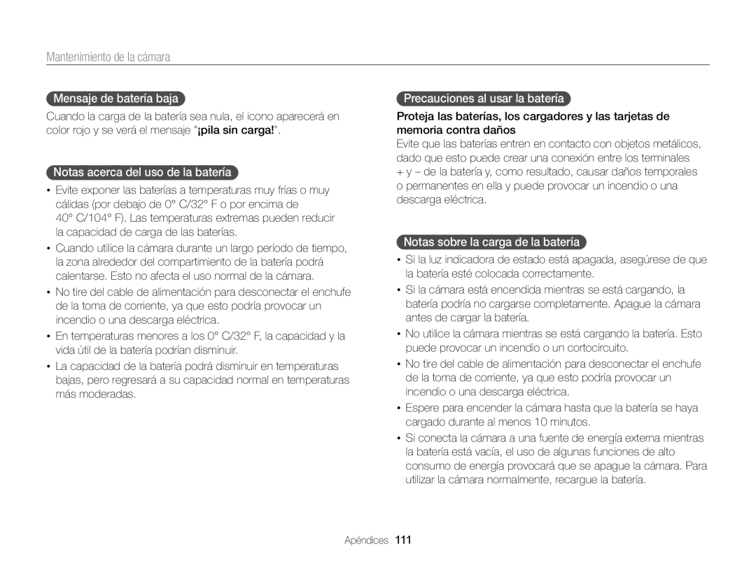 Samsung EC-ST66ZZBPUE1 manual Mensaje de batería baja, Notas acerca del uso de la batería, Precauciones al usar la batería 