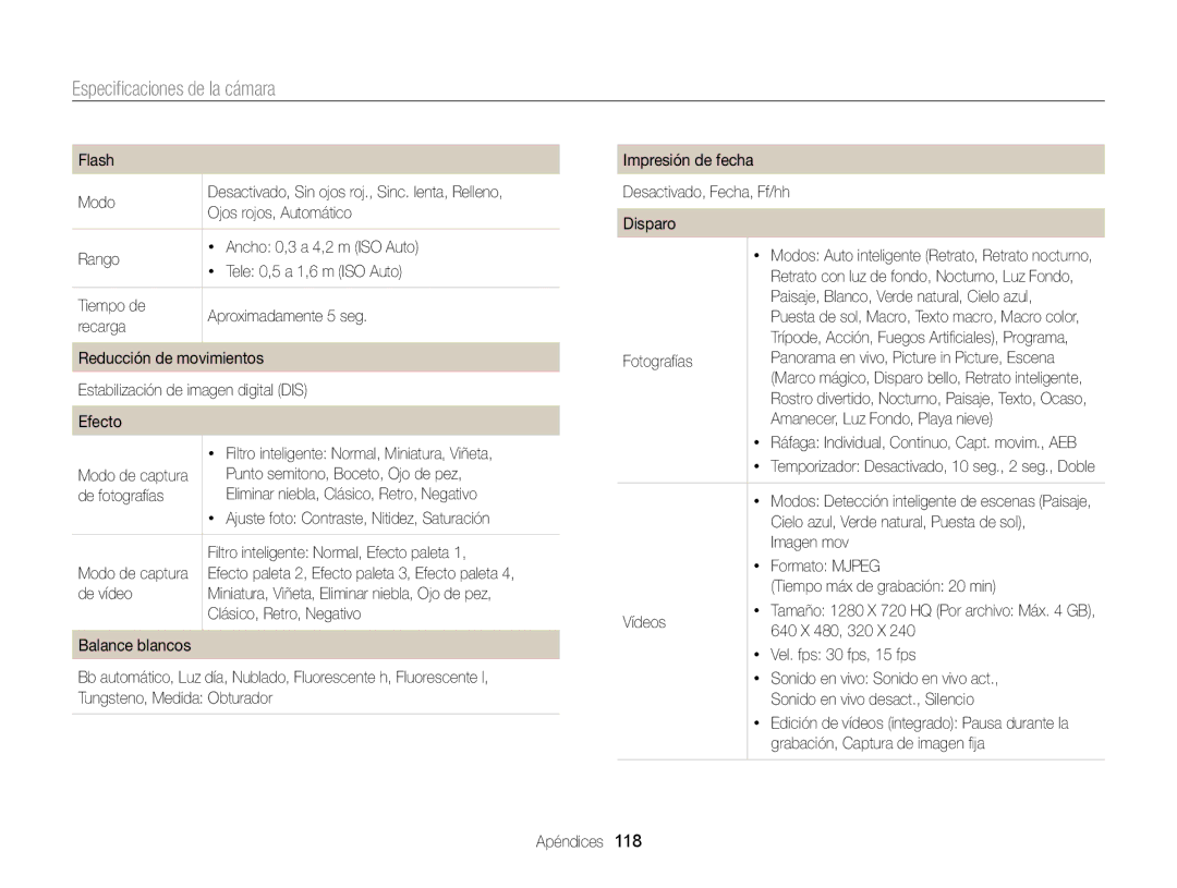 Samsung EC-ST76ZZFPBE1, EC-ST76ZZBPBE1, EC-ST66ZZBPSE1, EC-ST76ZZBPLE1, EC-ST66ZZBPRE1 manual Especiﬁcaciones de la cámara 