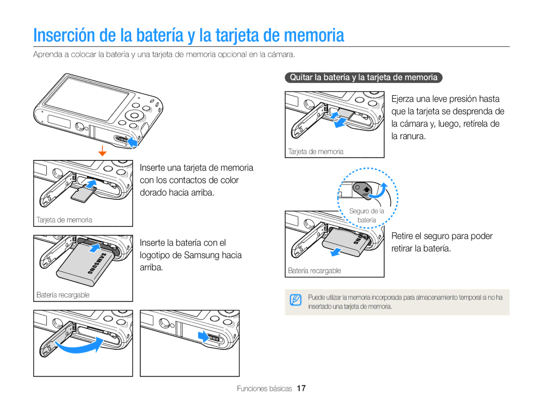 Samsung EC-ST76ZZBPRE1 Inserción de la batería y la tarjeta de memoria, Retire el seguro para poder retirar la batería 