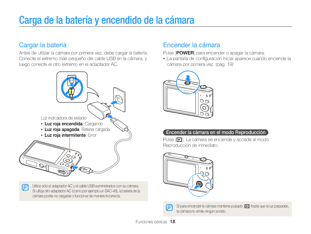 Samsung EC-ST76ZZBPSE1, EC-ST76ZZBPBE1 Carga de la batería y encendido de la cámara, Cargar la batería, Encender la cámara 