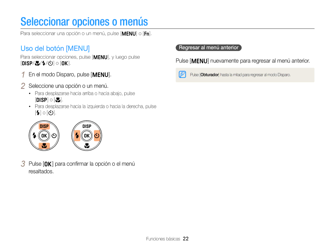 Samsung EC-ST76ZZBPLE1 Seleccionar opciones o menús, Uso del botón Menu, Pulse m nuevamente para regresar al menú anterior 