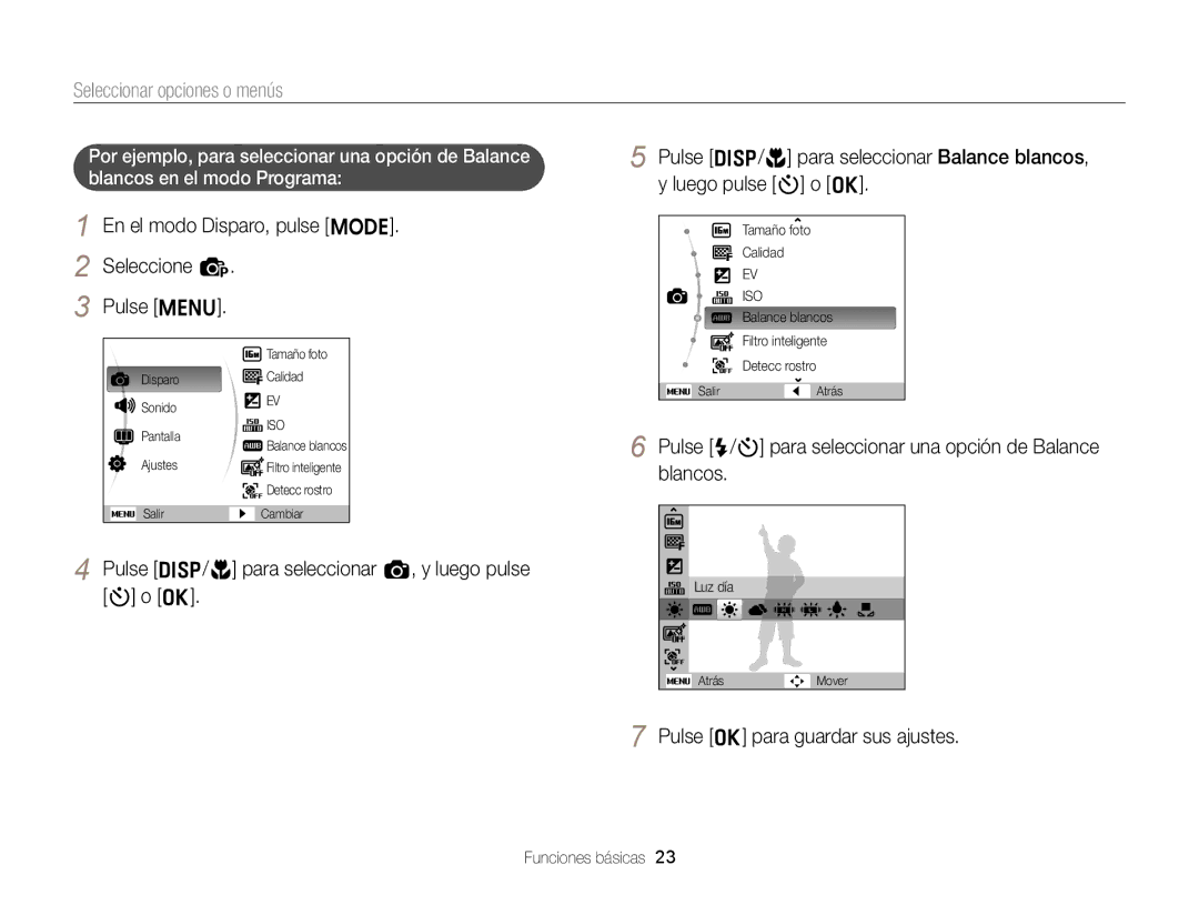 Samsung EC-ST66ZZBPRE1, EC-ST76ZZBPBE1 manual Seleccionar opciones o menús, En el modo Disparo, pulse M Seleccione p Pulse m 