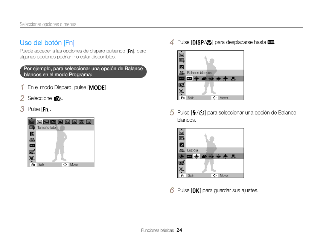 Samsung EC-ST66ZZBPPE1, EC-ST76ZZBPBE1, EC-ST66ZZBPSE1 Uso del botón Fn, En el modo Disparo, pulse M Seleccione p Pulse f 