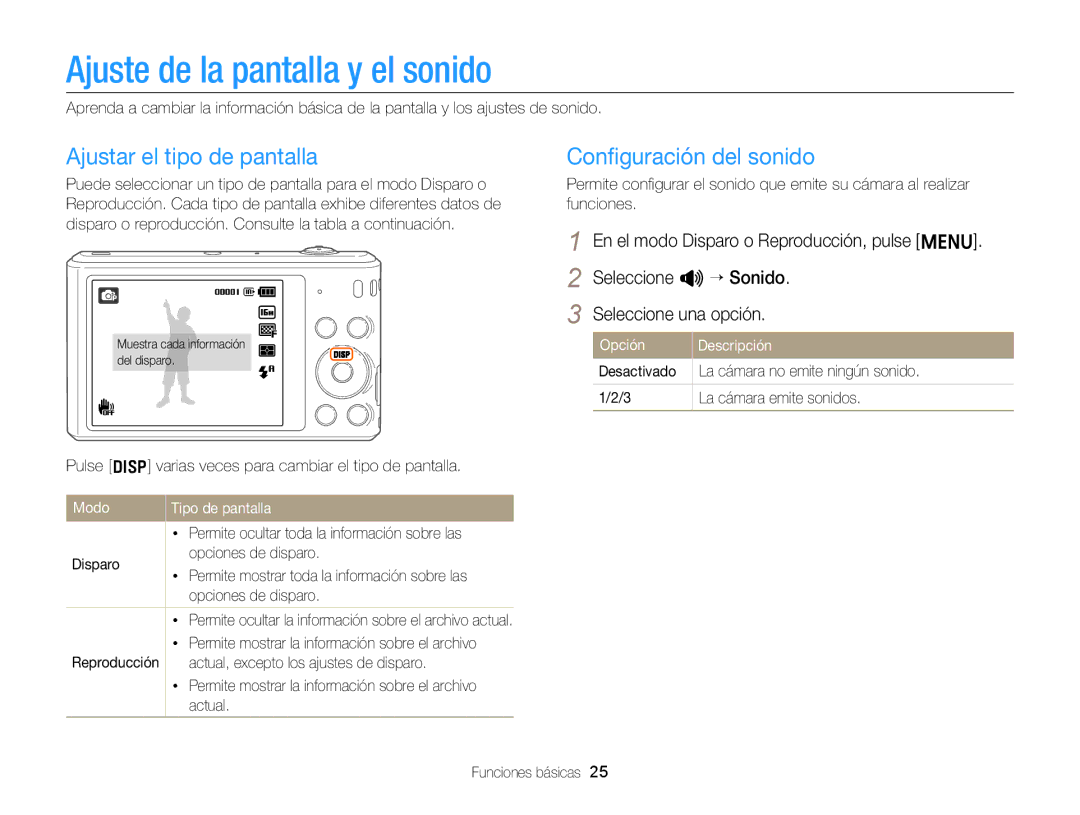 Samsung EC-ST66ZZBPBE1 manual Ajuste de la pantalla y el sonido, Ajustar el tipo de pantalla, Conﬁguración del sonido 