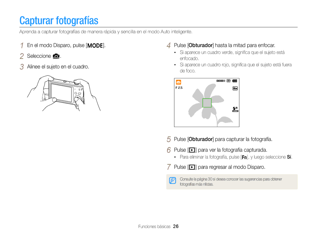 Samsung EC-ST66ZZFPSE1, EC-ST76ZZBPBE1, EC-ST66ZZBPSE1 manual Capturar fotografías, Pulse P para regresar al modo Disparo 