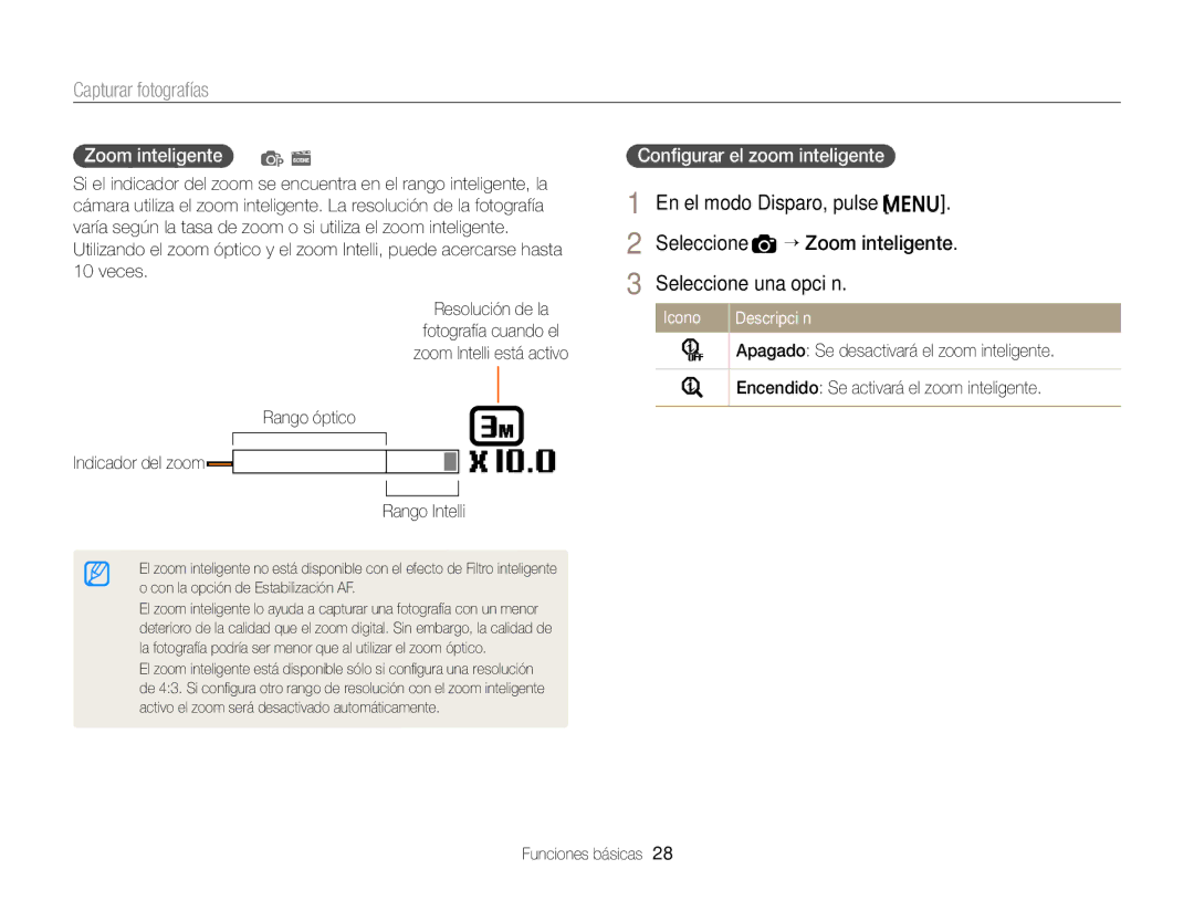Samsung EC-ST66ZZFPUE1, EC-ST76ZZBPBE1 En el modo Disparo, pulse m Seleccione a “ Zoom inteligente, Zoom inteligente p s 