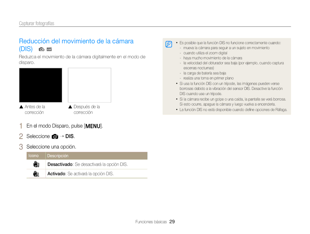 Samsung EC-ST66ZZFPBE1, EC-ST76ZZBPBE1, EC-ST66ZZBPSE1 manual Reducción del movimiento de la cámara DIS p s, Corrección 