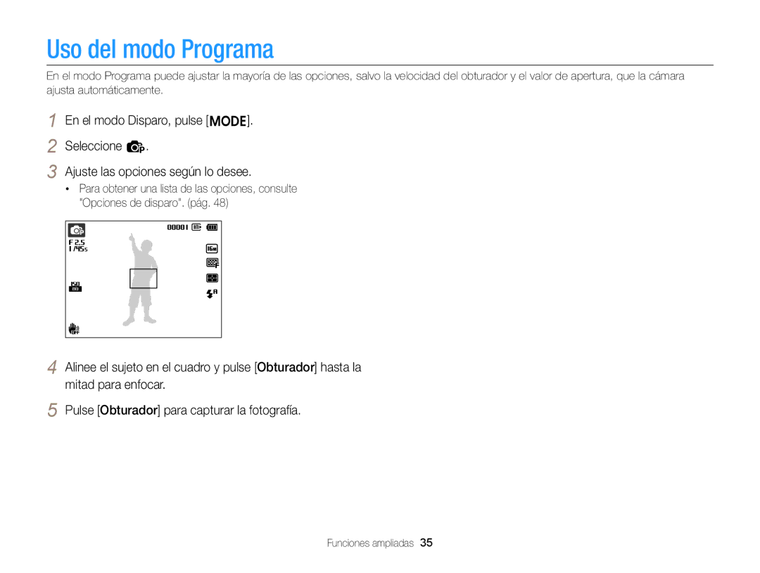 Samsung EC-ST66ZZFPRE1, EC-ST76ZZBPBE1, EC-ST66ZZBPSE1, EC-ST76ZZBPLE1, EC-ST66ZZBPRE1, EC-ST66ZZBPPE1 Uso del modo Programa 