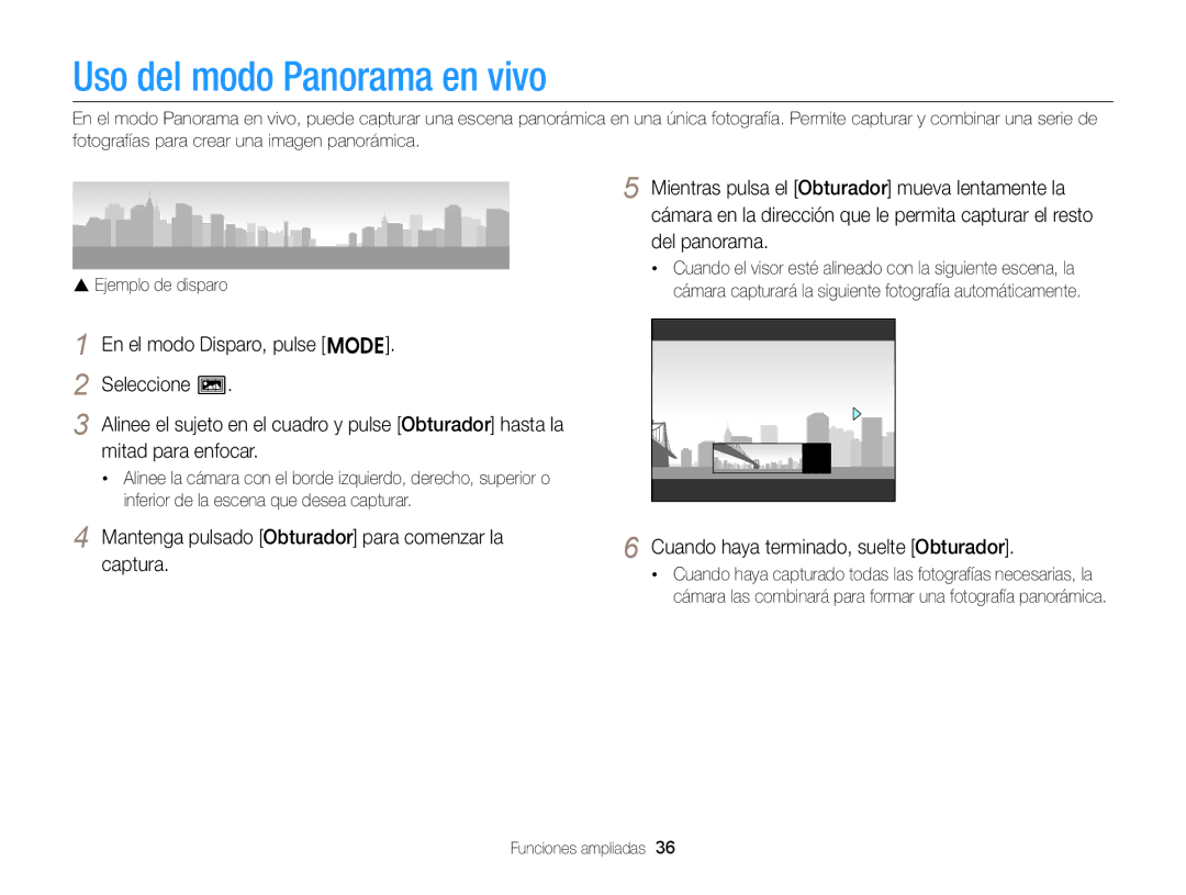 Samsung EC-ST66ZZFPBIL manual Uso del modo Panorama en vivo, Mientras pulsa el Obturador mueva lentamente la, Del panorama 