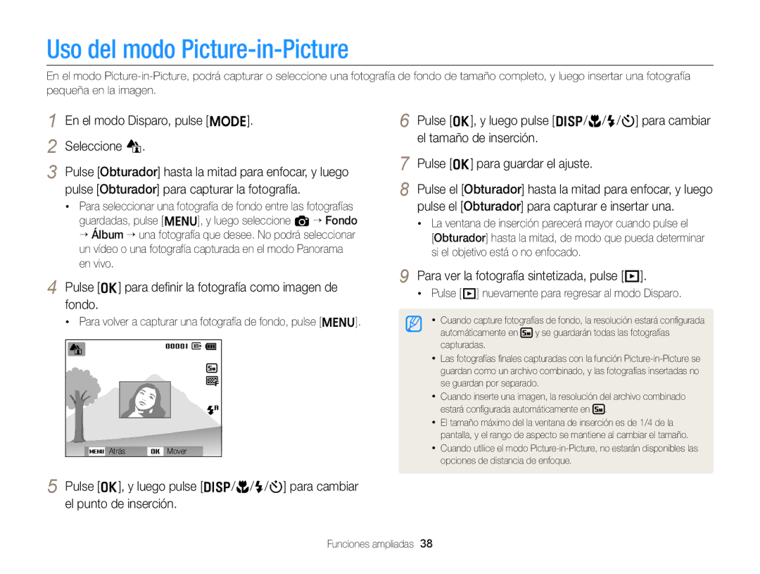 Samsung EC-ST76ZZBPRE1, EC-ST76ZZBPBE1 manual Uso del modo Picture-in-Picture, En el modo Disparo, pulse M Seleccione d 