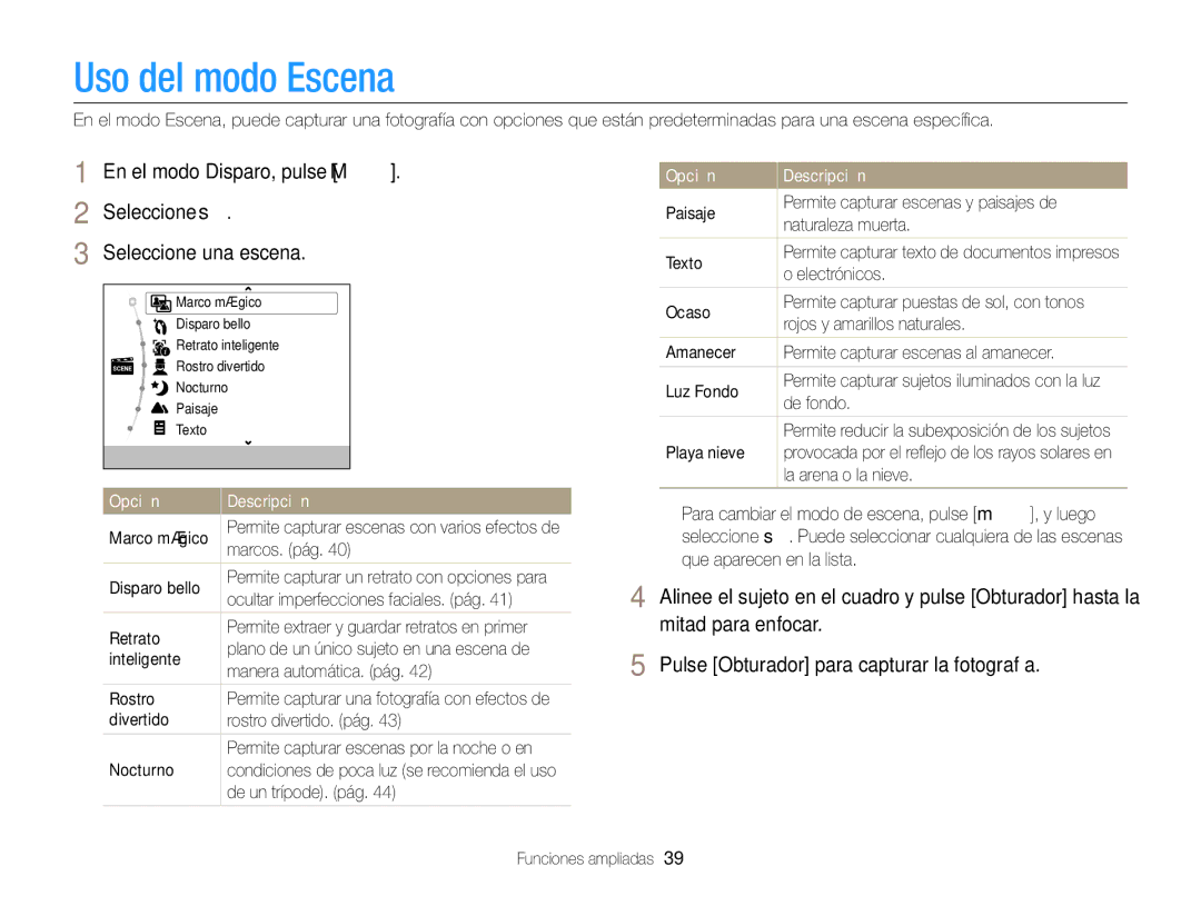 Samsung EC-ST76ZZBPSE1, EC-ST76ZZBPBE1, EC-ST66ZZBPSE1, EC-ST76ZZBPLE1, EC-ST66ZZBPRE1, EC-ST66ZZBPPE1 Uso del modo Escena 