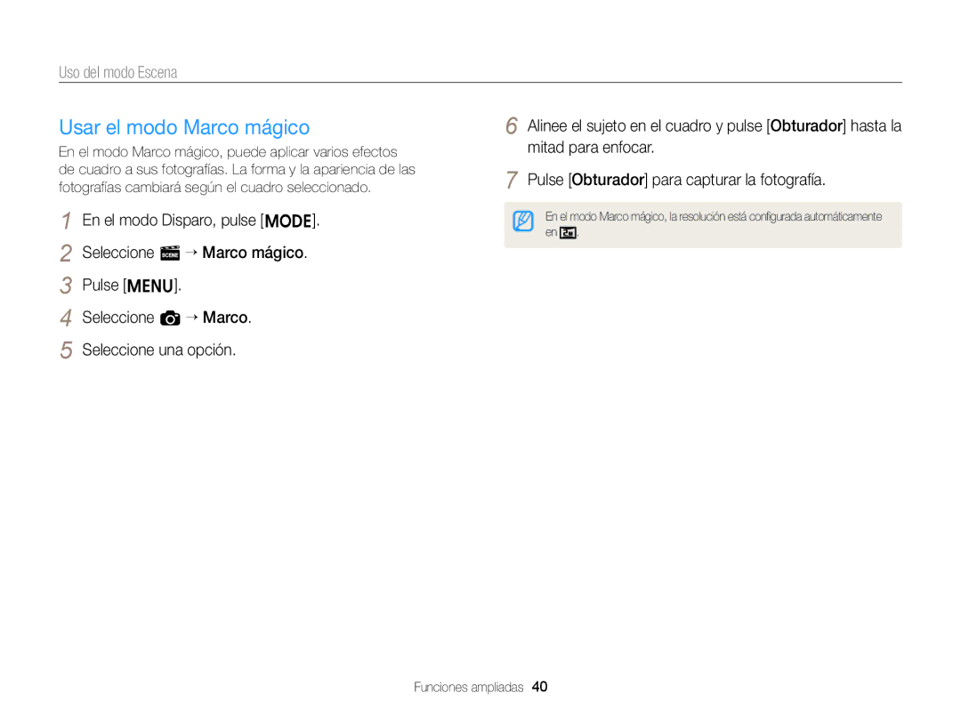 Samsung EC-ST76ZZFPRE1, EC-ST76ZZBPBE1, EC-ST66ZZBPSE1, EC-ST76ZZBPLE1 manual Usar el modo Marco mágico, Uso del modo Escena 