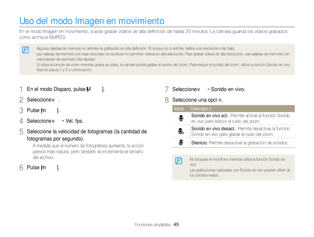 Samsung EC-ST66ZZBPPE1 manual Uso del modo Imagen en movimiento, Silencio Permite desactivar la grabación de sonidos 