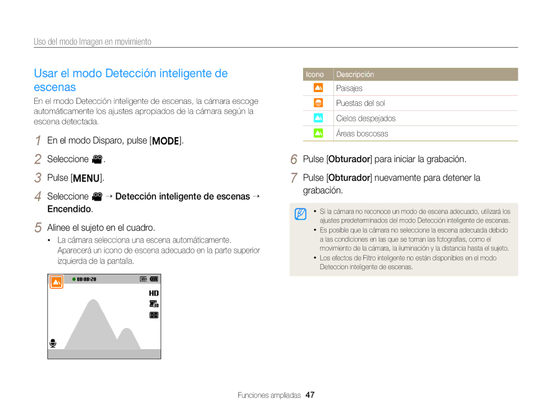 Samsung EC-ST66ZZFPSE1, EC-ST76ZZBPBE1, EC-ST66ZZBPSE1, EC-ST76ZZBPLE1 manual Usar el modo Detección inteligente de escenas 