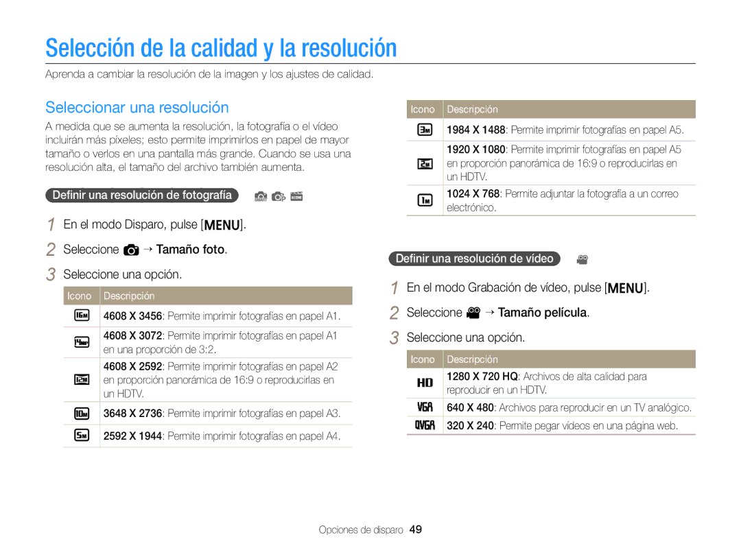 Samsung EC-ST66ZZFPUE1, EC-ST76ZZBPBE1, EC-ST66ZZBPSE1 Selección de la calidad y la resolución, Seleccionar una resolución 