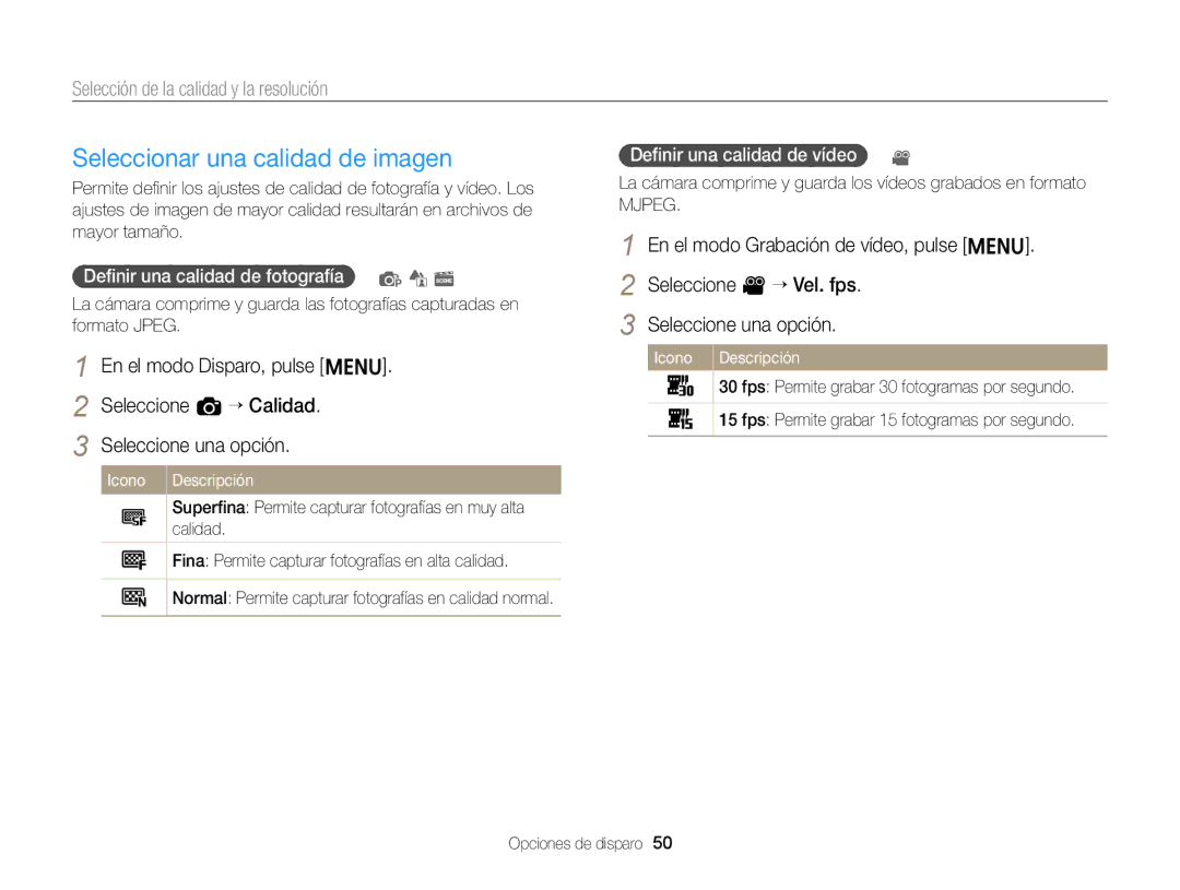 Samsung EC-ST66ZZFPBE1, EC-ST76ZZBPBE1 manual Seleccionar una calidad de imagen, Selección de la calidad y la resolución 