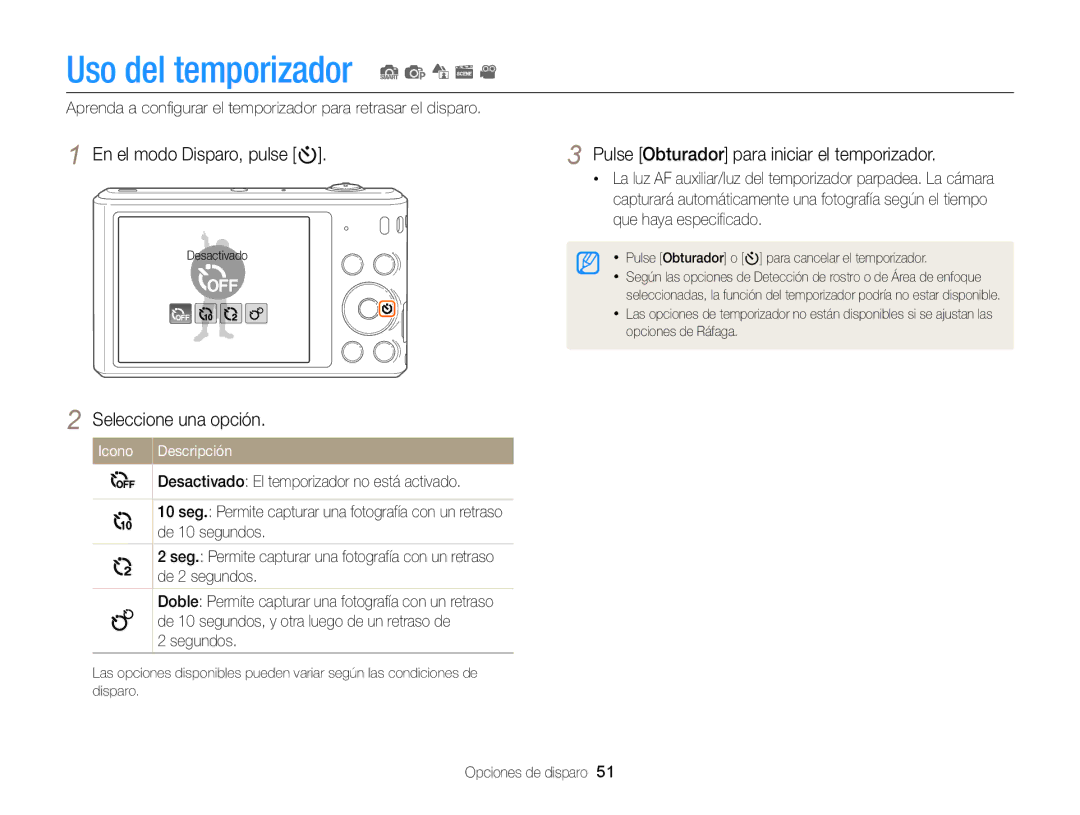 Samsung EC-ST66ZZFPPE1, EC-ST76ZZBPBE1, EC-ST66ZZBPSE1 Uso del temporizador S p d s, En el modo Disparo, pulse t, Segundos 