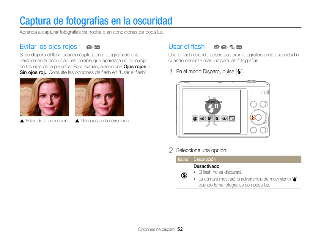 Samsung EC-ST66ZZFPSIL manual Captura de fotografías en la oscuridad, Evitar los ojos rojos p s, Usar el ﬂash S p d s 