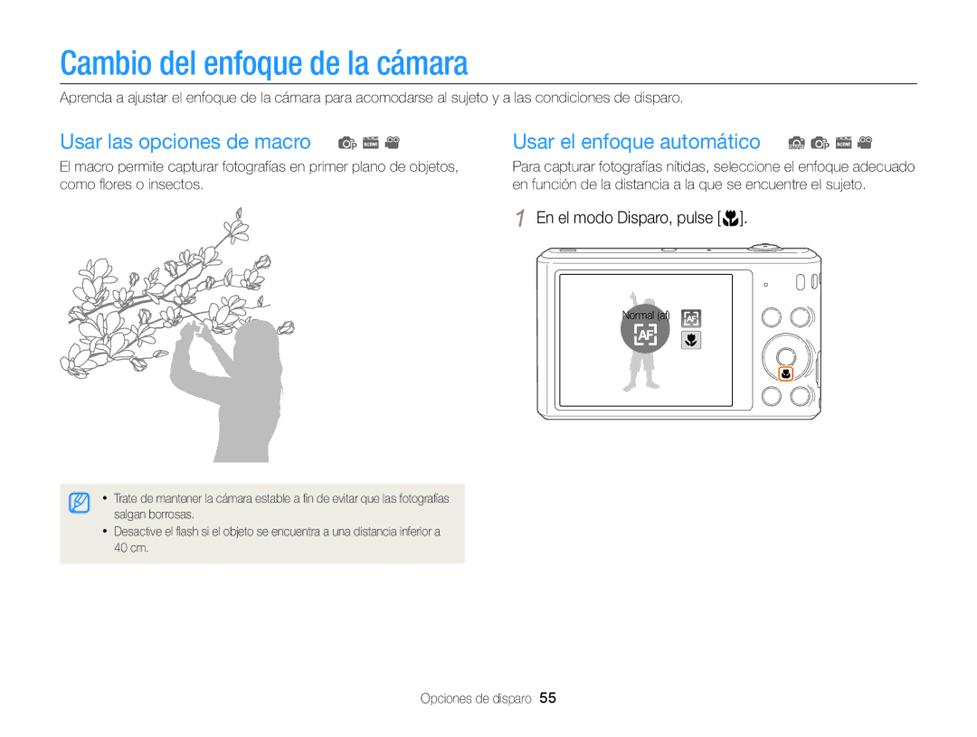 Samsung EC-ST76ZZFPBE1, EC-ST76ZZBPBE1, EC-ST66ZZBPSE1 manual Cambio del enfoque de la cámara, En el modo Disparo, pulse c 