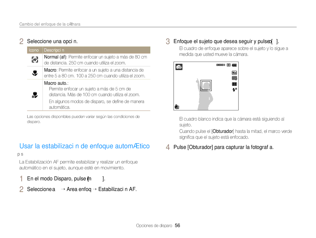 Samsung EC-ST66ZZFPRE1, EC-ST76ZZBPBE1 manual Usar la estabilización de enfoque automático, Cambio del enfoque de la cámara 