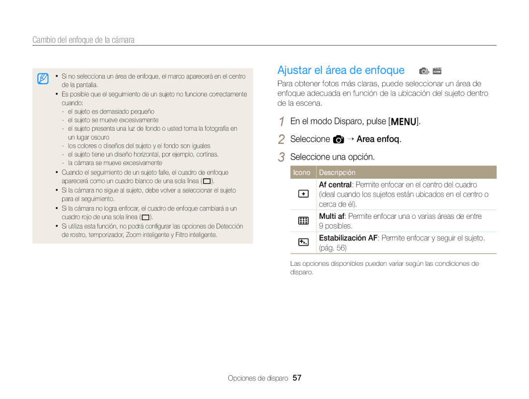 Samsung EC-ST66ZZFPBIL, EC-ST76ZZBPBE1, EC-ST66ZZBPSE1, EC-ST76ZZBPLE1, EC-ST66ZZBPRE1 manual Ajustar el área de enfoque p s 