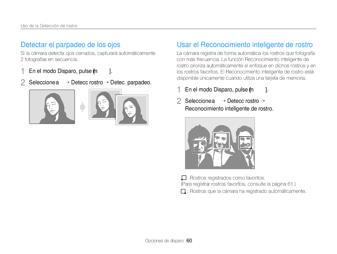 Samsung EC-ST76ZZBPSE1, EC-ST76ZZBPBE1 manual Detectar el parpadeo de los ojos, Usar el Reconocimiento inteligente de rostro 