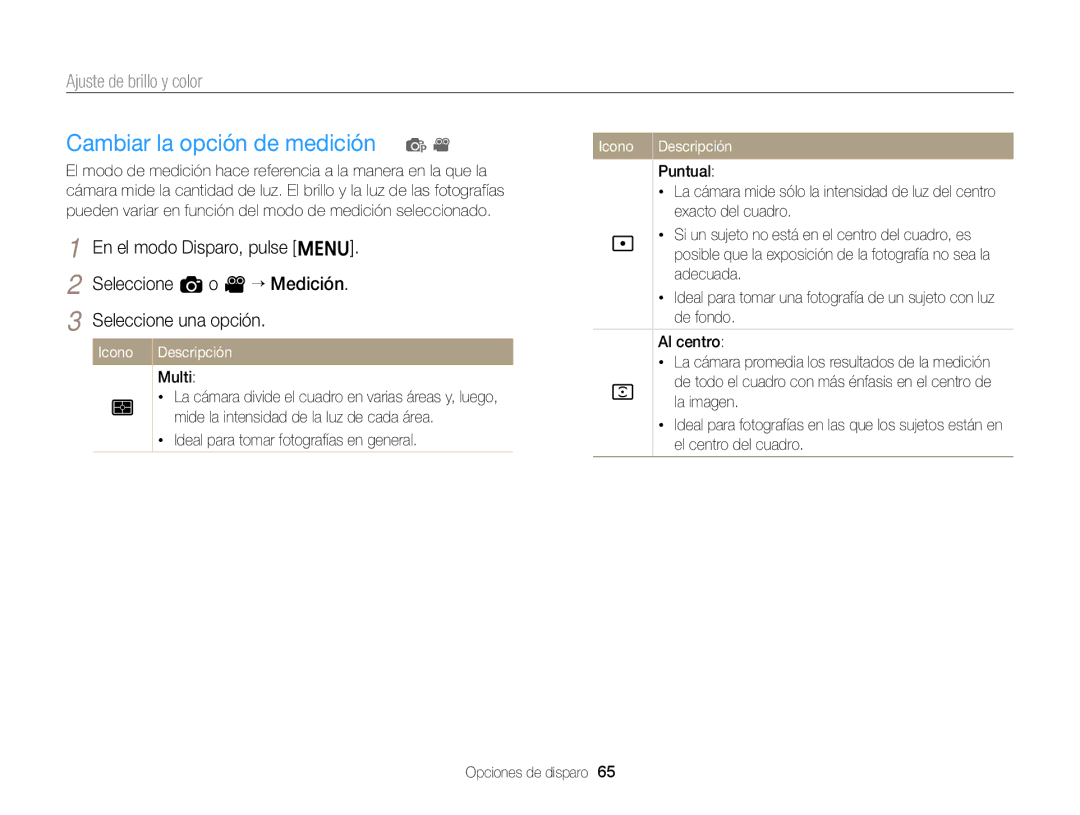 Samsung EC-ST66ZZBPRE1, EC-ST76ZZBPBE1, EC-ST66ZZBPSE1 manual Cambiar la opción de medición, Seleccione a o v “ Medición 