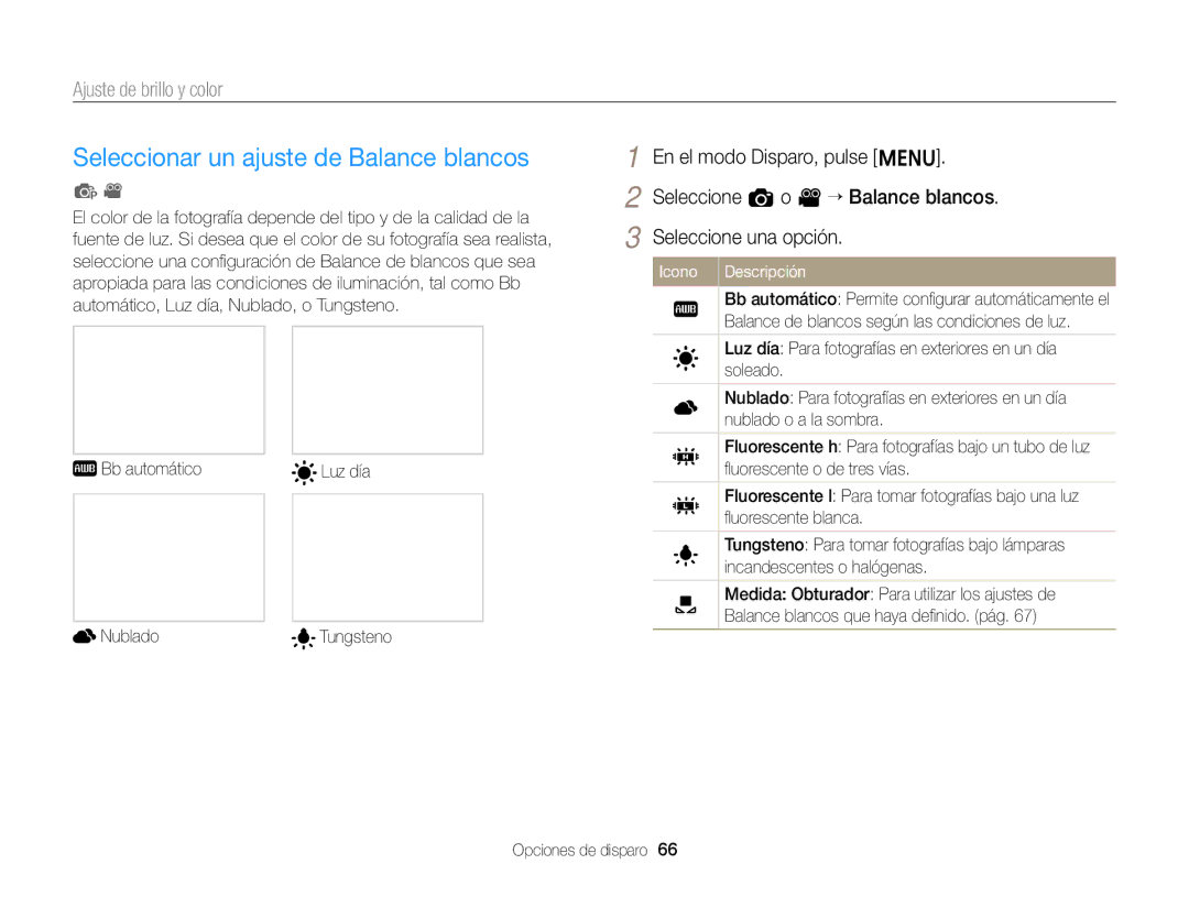 Samsung EC-ST66ZZBPPE1, EC-ST76ZZBPBE1 manual Seleccionar un ajuste de Balance blancos, Seleccione a o v “ Balance blancos 