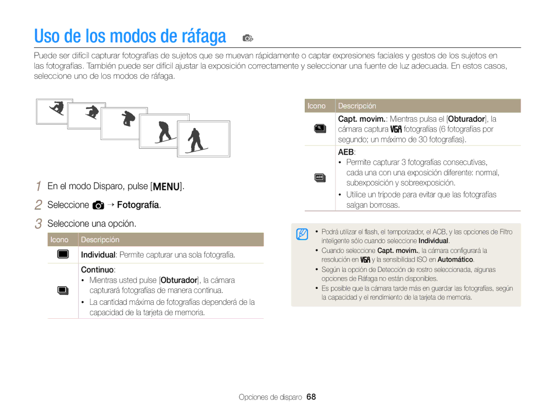 Samsung EC-ST66ZZFPSE1, EC-ST76ZZBPBE1 manual Uso de los modos de ráfaga p, Capt. movim. Mientras pulsa el Obturador, la 