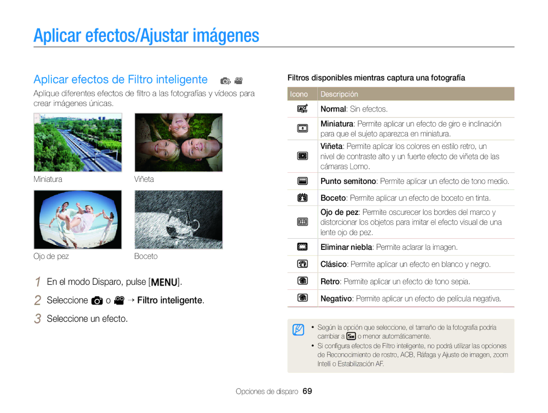 Samsung EC-ST66ZZBPUE1 manual Aplicar efectos/Ajustar imágenes, Aplicar efectos de Filtro inteligente p, Normal Sin efectos 