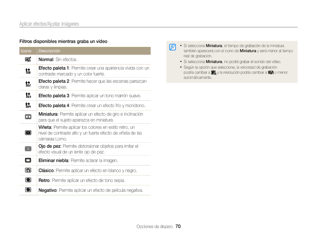 Samsung EC-ST66ZZFPUE1, EC-ST76ZZBPBE1 manual Aplicar efectos/Ajustar imágenes, Filtros disponibles mientras graba un vídeo 