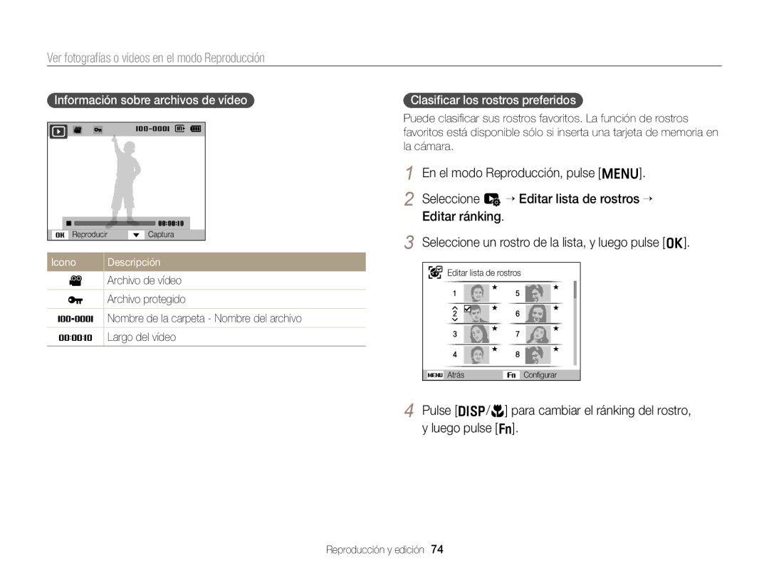 Samsung EC-ST66ZZFPRIL manual Ver fotografías o vídeos en el modo Reproducción, Información sobre archivos de vídeo 