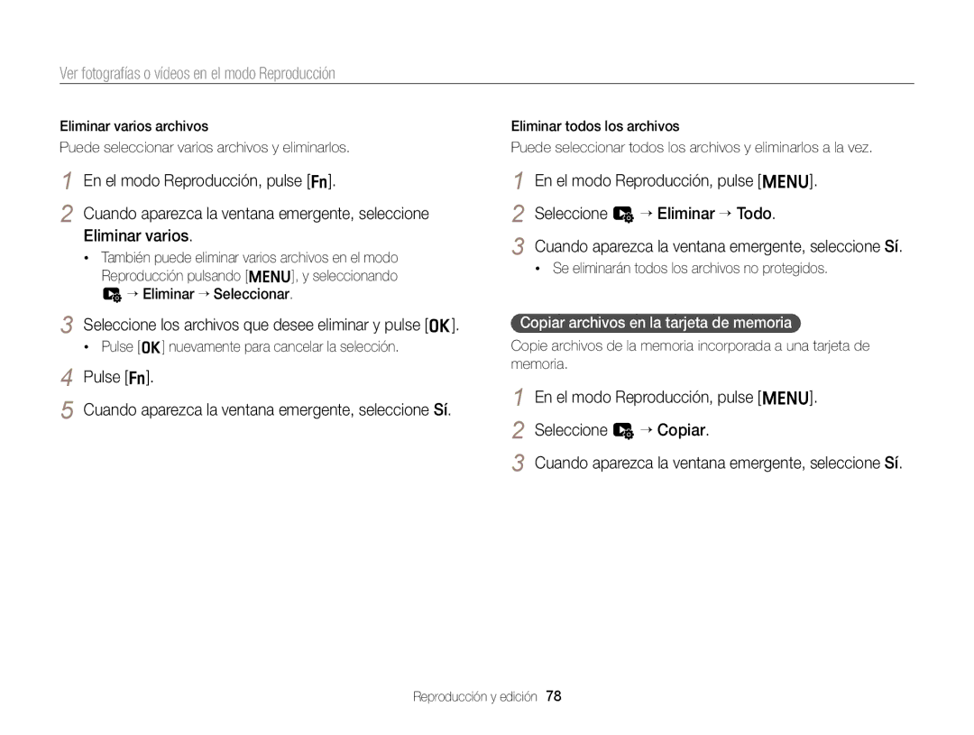 Samsung EC-ST66ZZFPBIL Seleccione los archivos que desee eliminar y pulse o, Copiar archivos en la tarjeta de memoria 