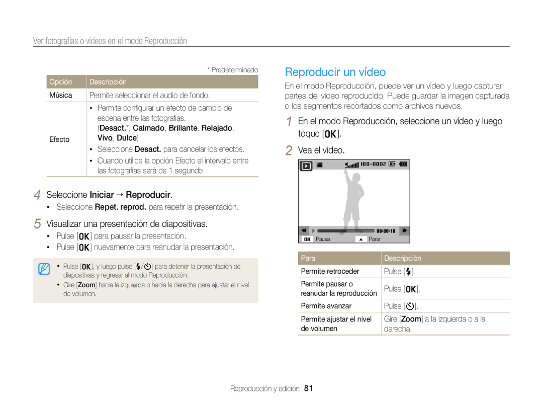 Samsung EC-ST76ZZBPSE1 Reproducir un vídeo, Seleccione Iniciar “ Reproducir, Visualizar una presentación de diapositivas 