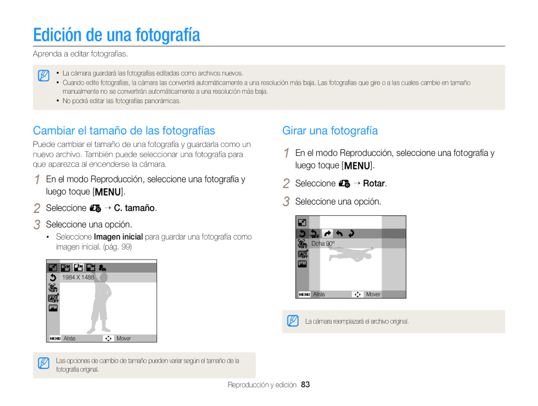 Samsung EC-ST76ZZBPBE1 manual Edición de una fotografía, Cambiar el tamaño de las fotografías, Girar una fotografía 