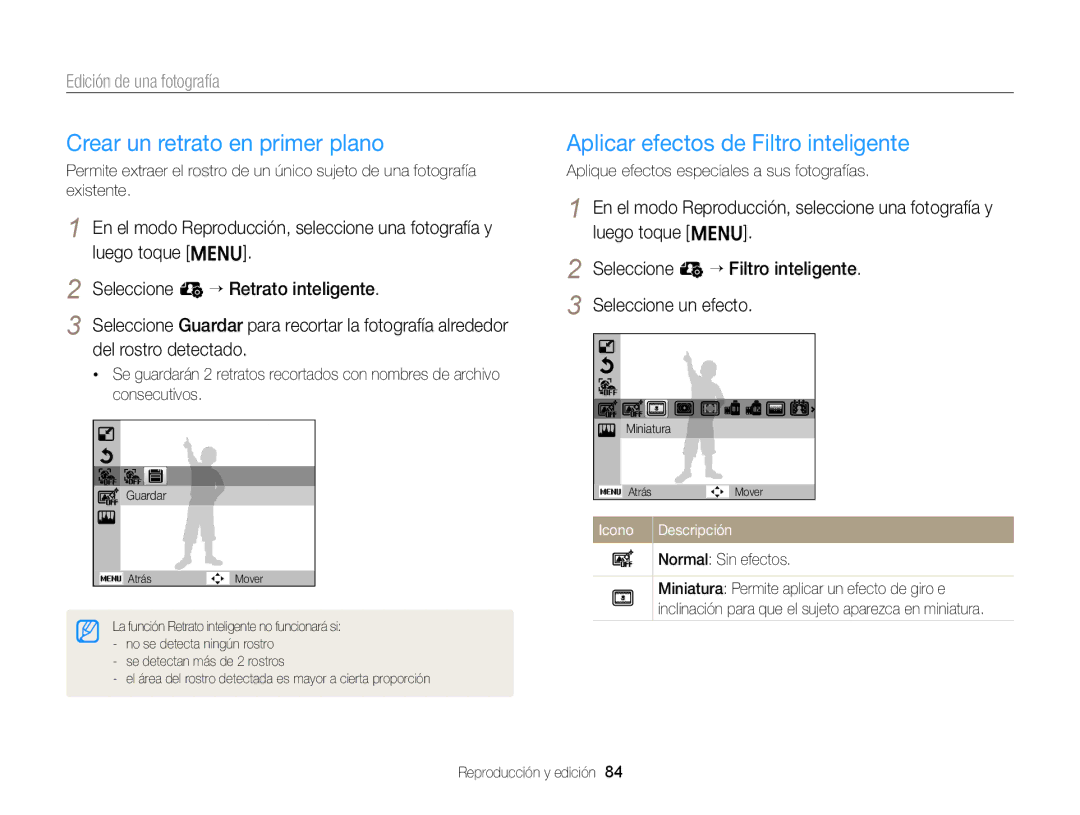 Samsung EC-ST66ZZBPSE1 Crear un retrato en primer plano, Aplicar efectos de Filtro inteligente, Edición de una fotografía 