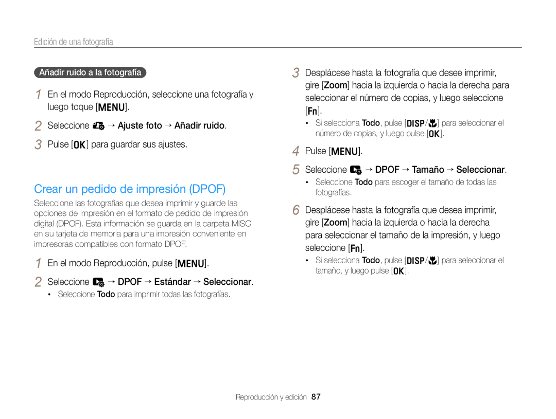 Samsung EC-ST66ZZBPPE1 manual Crear un pedido de impresión Dpof, Pulse m Seleccione u “ Dpof “ Tamaño “ Seleccionar 