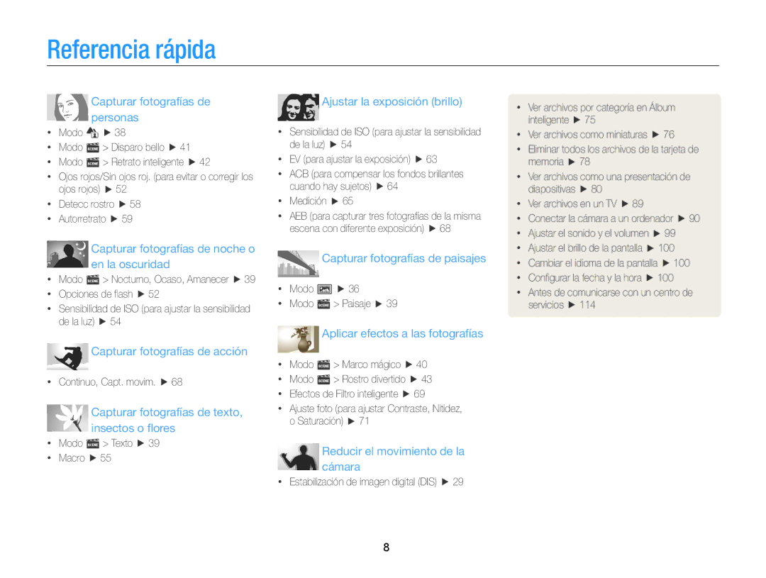 Samsung EC-ST66ZZFPBE1, EC-ST76ZZBPBE1, EC-ST66ZZBPSE1, EC-ST76ZZBPLE1 Referencia rápida, Capturar fotografías de personas 