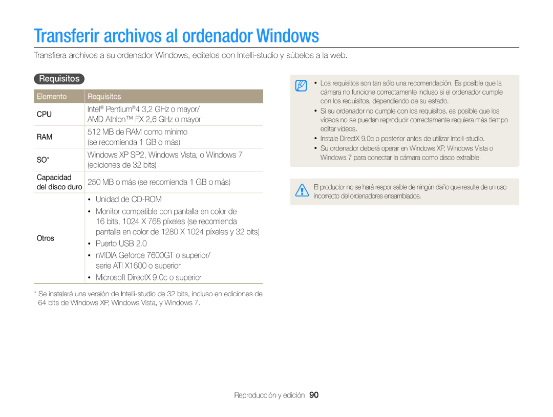 Samsung EC-ST66ZZBPUE1, EC-ST76ZZBPBE1, EC-ST66ZZBPSE1 Transferir archivos al ordenador Windows, Elemento Requisitos 