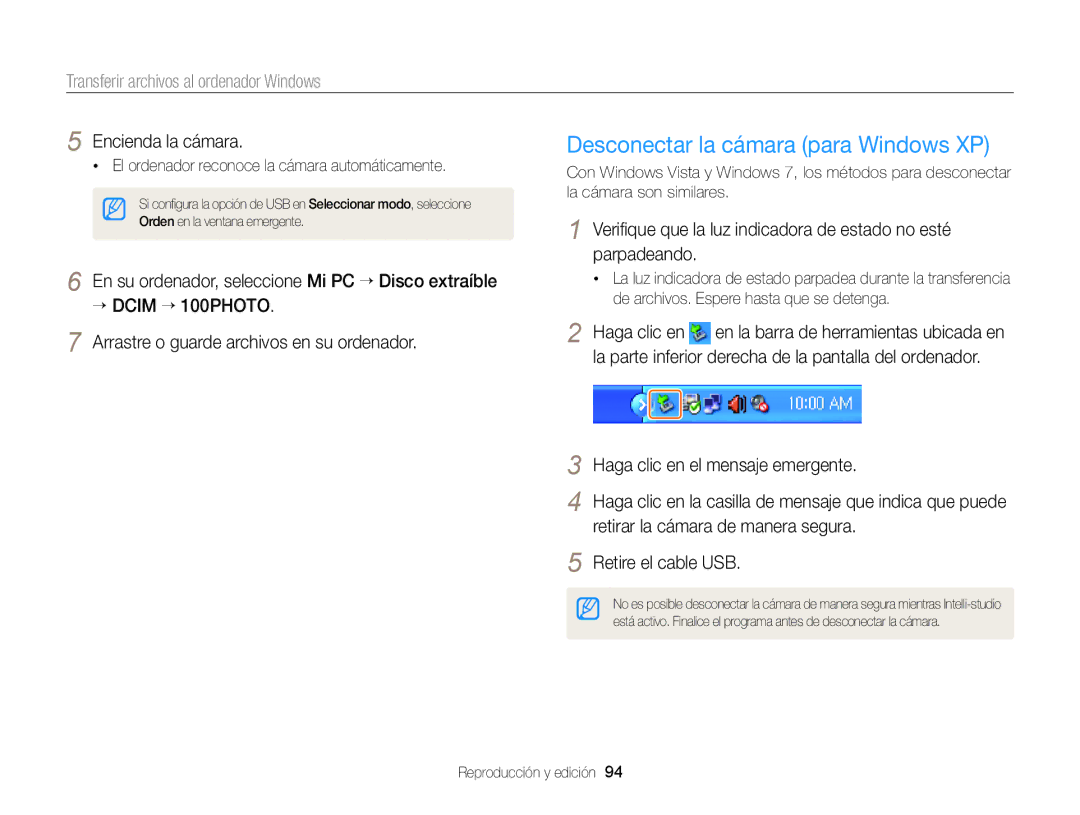 Samsung EC-ST66ZZFPSIL Desconectar la cámara para Windows XP, Haga clic en el mensaje emergente, Retire el cable USB 