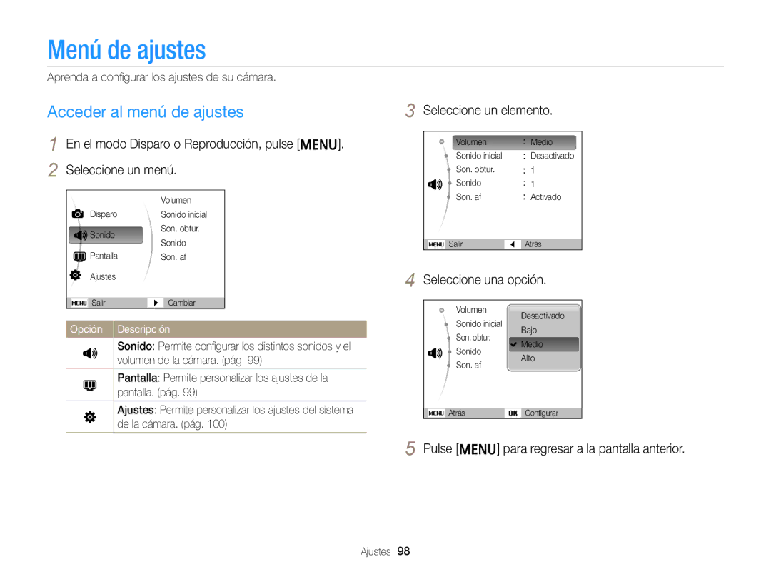 Samsung EC-ST66ZZFPRE1, EC-ST76ZZBPBE1, EC-ST66ZZBPSE1 Menú de ajustes, Acceder al menú de ajustes, Seleccione un elemento 