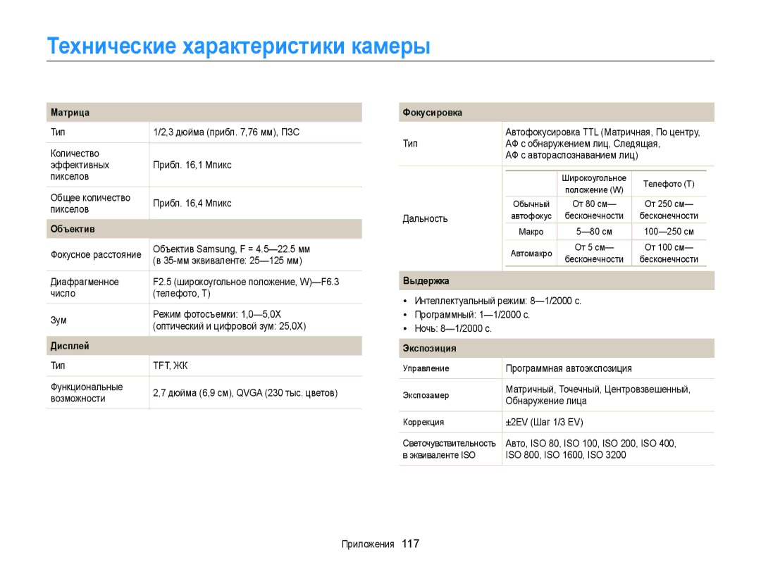 Samsung EC-ST77ZZBPSRU, EC-ST76ZZBPRRU, EC-ST77ZZBPRRU, EC-ST76ZZBPBRU, EC-ST76ZZBPSRU manual Технические характеристики камеры 